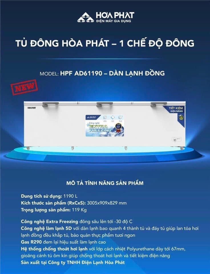 Tủ đông dung tích lớn Hòa Phát 1 ngăn 3 cánh HPF AD61190 1700 Lít DÀI 3,1 MÉT