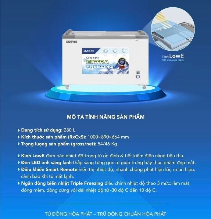 Tủ đông trưng kính cong bày Hòa Phát 1 ngăn đông 2 cánh trượt HSF AD6280.C1 280 lít DÀI 1 MÉT