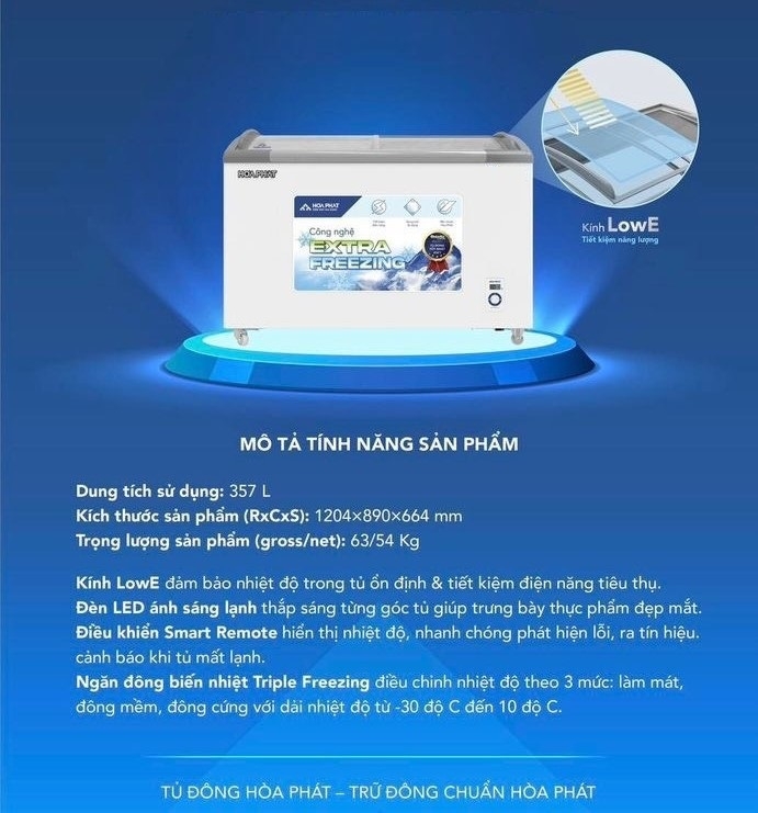 Tủ đông trưng bày kính cong Hòa Phát 1 ngăn  đông 2 cánh trượt HSF AD6357.C1 dài 1.2 MÉT