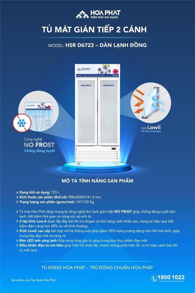 Tủ mát lớn trưng bày Hòa Phát 1 ngăn 2 cánh HSR D6723 900L (long sử dụng trong 723L)
