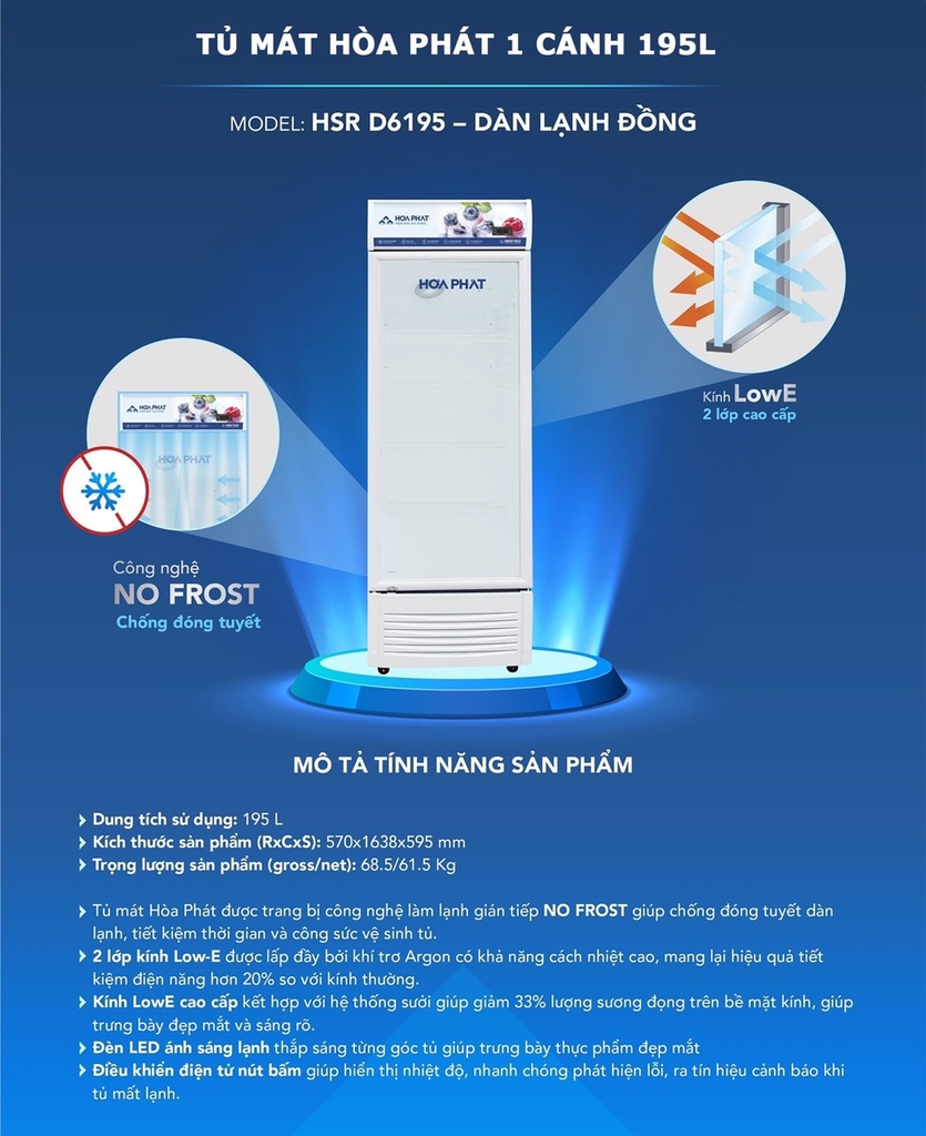 Tủ mát Hòa Phát 1 cánh HSR D6195 DÀN ĐỒNG , chống tuyết đọng sương