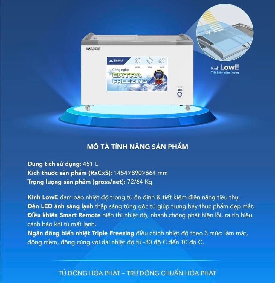 Tủ đông kính Hòa Phát 800L 1 ngăn 2 cánh kính trượt.