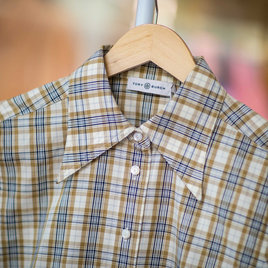 Áo sơ mi dài tay cổ đức nhọn Tory Burch kẻ nâu Cotton Poplin Plaid Shirt -  Panama Plaid -size 6- new tag | Én shop hàng hiệu