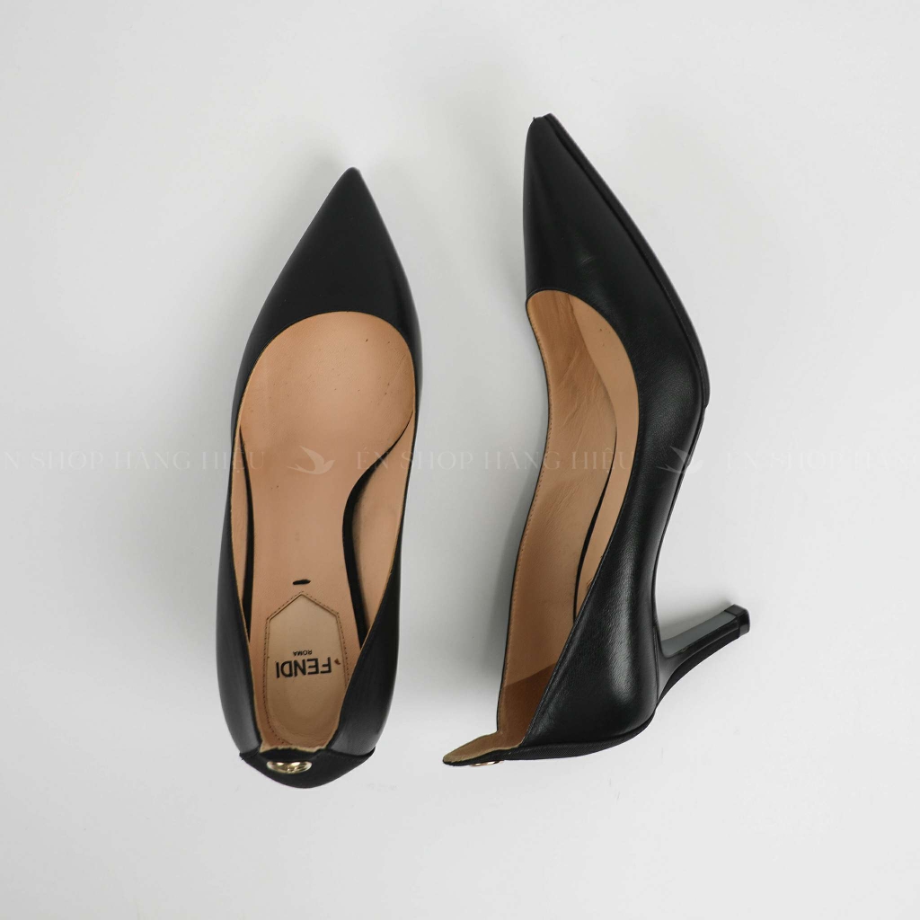 Giày cao gót FENDI màu đen mũi nhọn Logo F Size 36