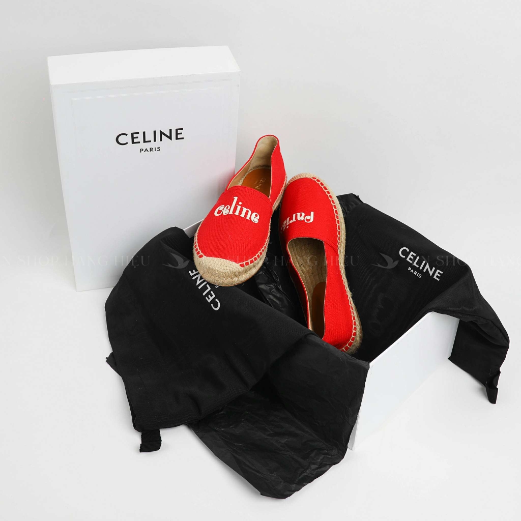Giày Celine Slip on Espadrilles màu Đỏ logo Celine đế cói Size 35