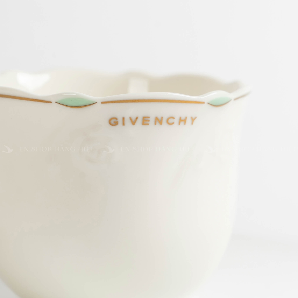 Bộ ấm chén Givenchy nụ hồng trắng viền xanh vàng