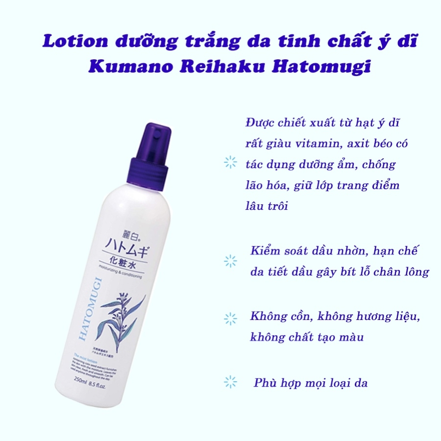 Nước hoa hồng Kumano Reihaku Hatomugi dưỡng ẩm dạng xịt 250ml