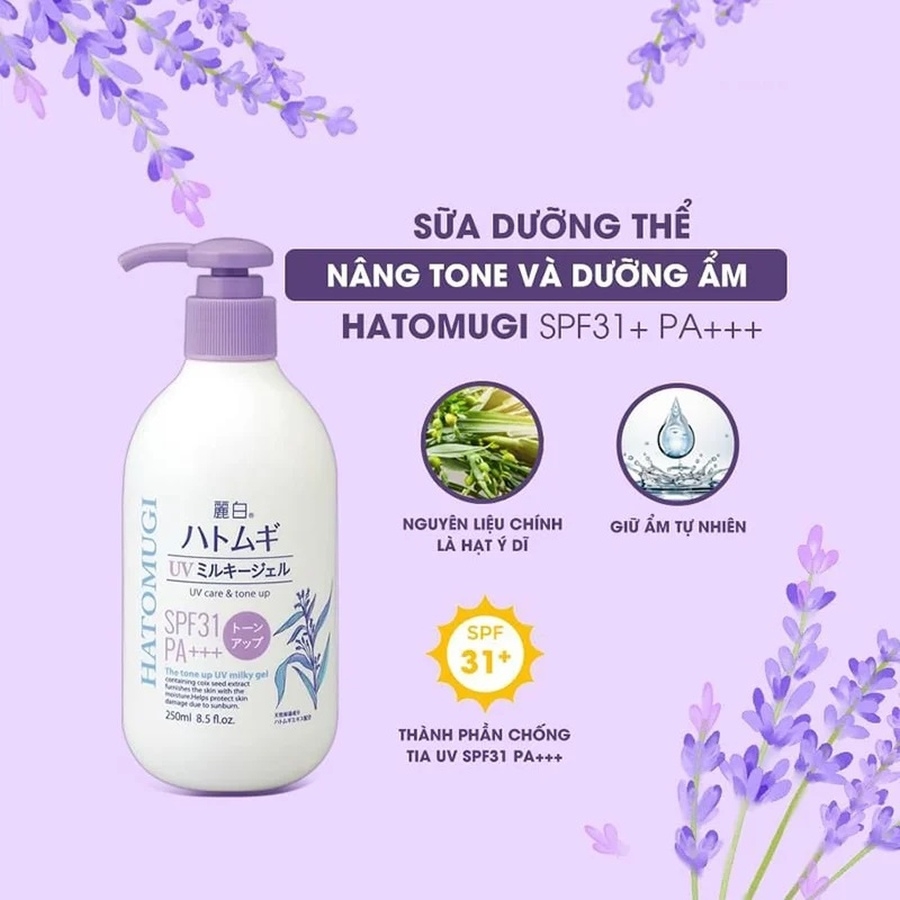 Sữa dưỡng thể Hatomugi dưỡng ẩm và nâng tone da 250ml SPF31 PA+++