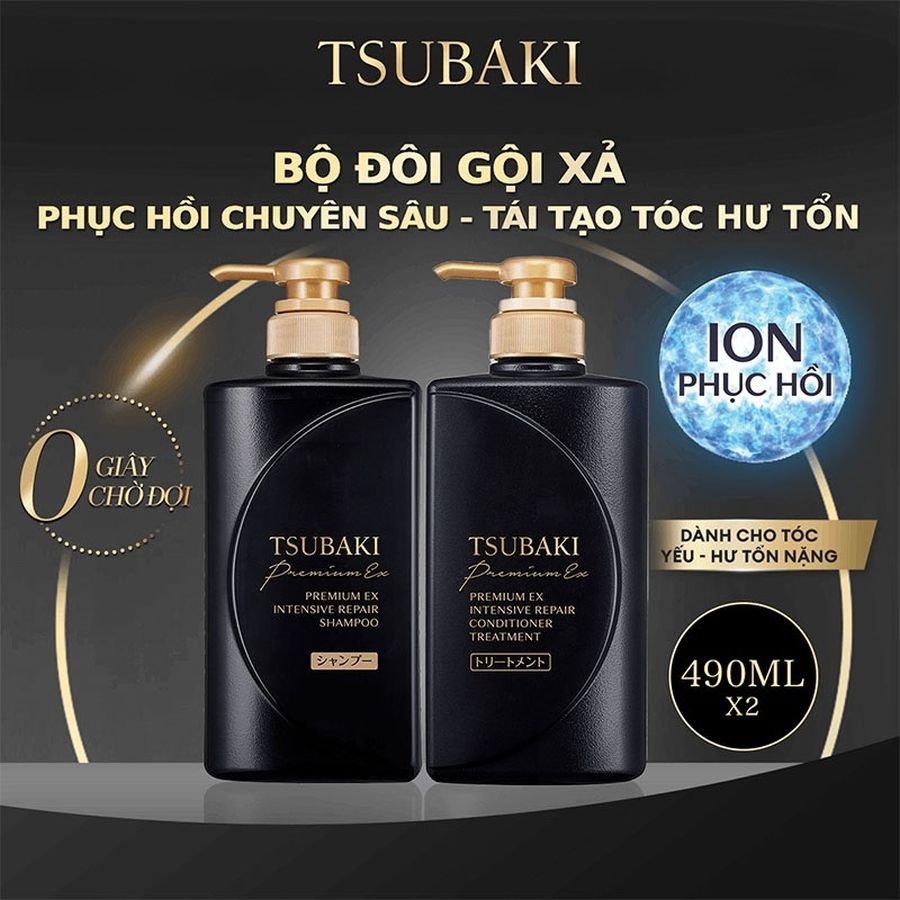 Cặp gội - xả Tsubaki Premium EX Repair siêu phục hồi 490ml (màu đen)