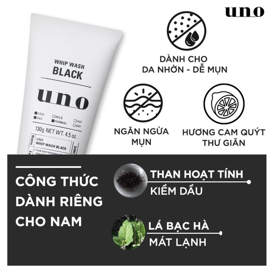 Sữa rửa mặt tạo bọt sạch nhờn UNO Whip Wash Black 130g