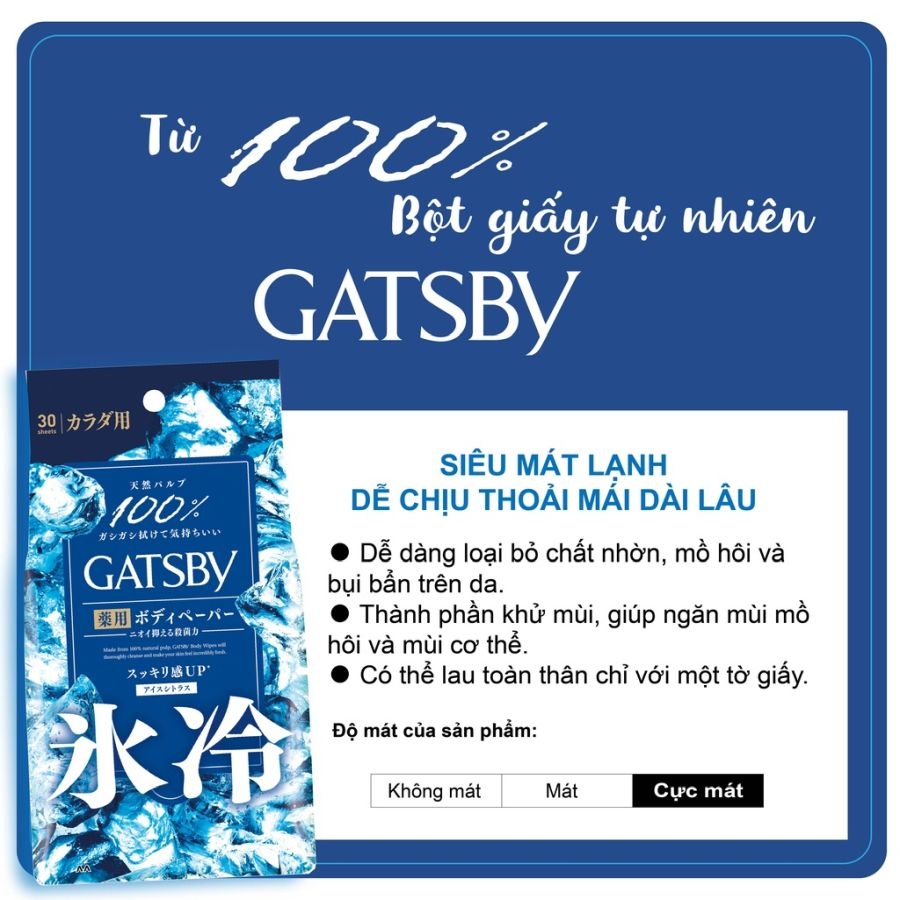 Khăn ướt Gatsby siêu mát lạnh khử mùi mồ cơ thể - gói 30 tờ