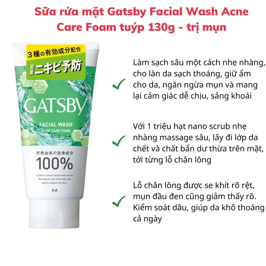 Sữa rửa mặt Gatsby Facial Wash Acne Care Foam tuýp 130g - Trị mụn
