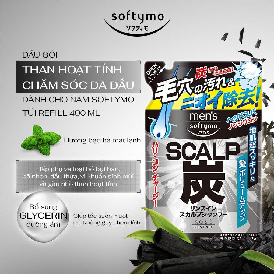 Dầu gội than hoạt tính chăm sóc da đầu dành cho nam Kose Softymo
