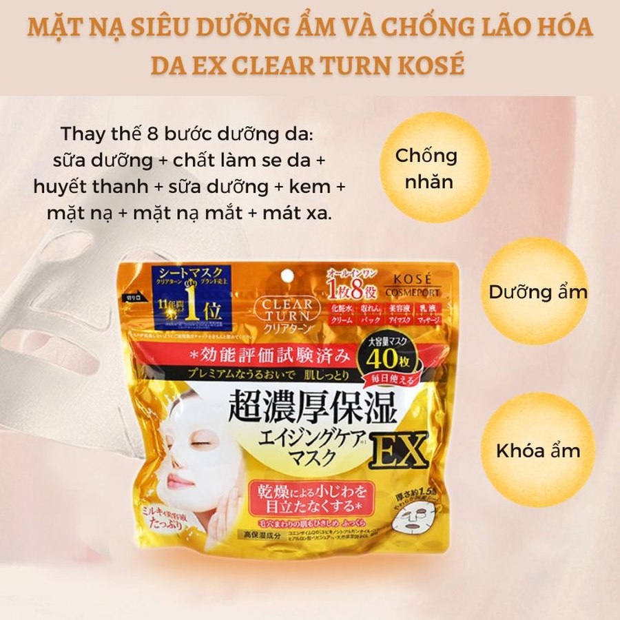 Mặt nạ Kose siêu dưỡng ẩm, chống lão hóa EX Clear Turn 40 miếng