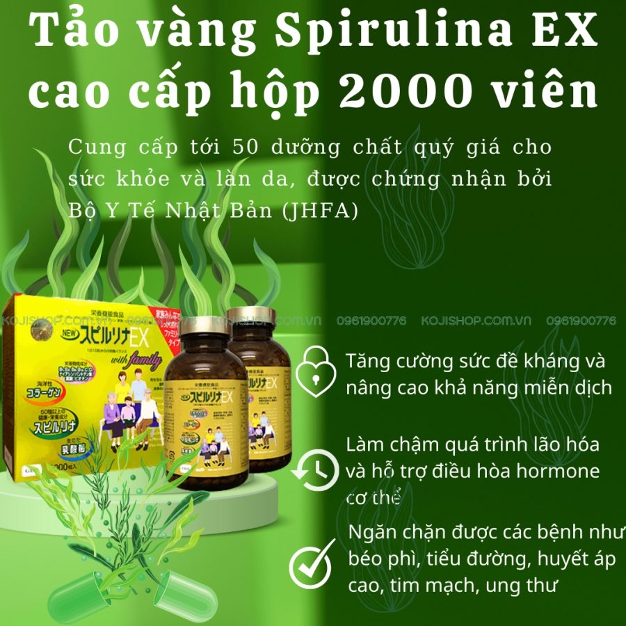 Viên uống tảo vàng Spirulina EX cao cấp set 2 lọ 2000 viên (mẫu mới)