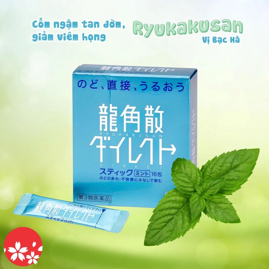 Cốm ngậm tan đờm giảm đau họng viêm họng Ryukakusan Direct Stick 16 gói