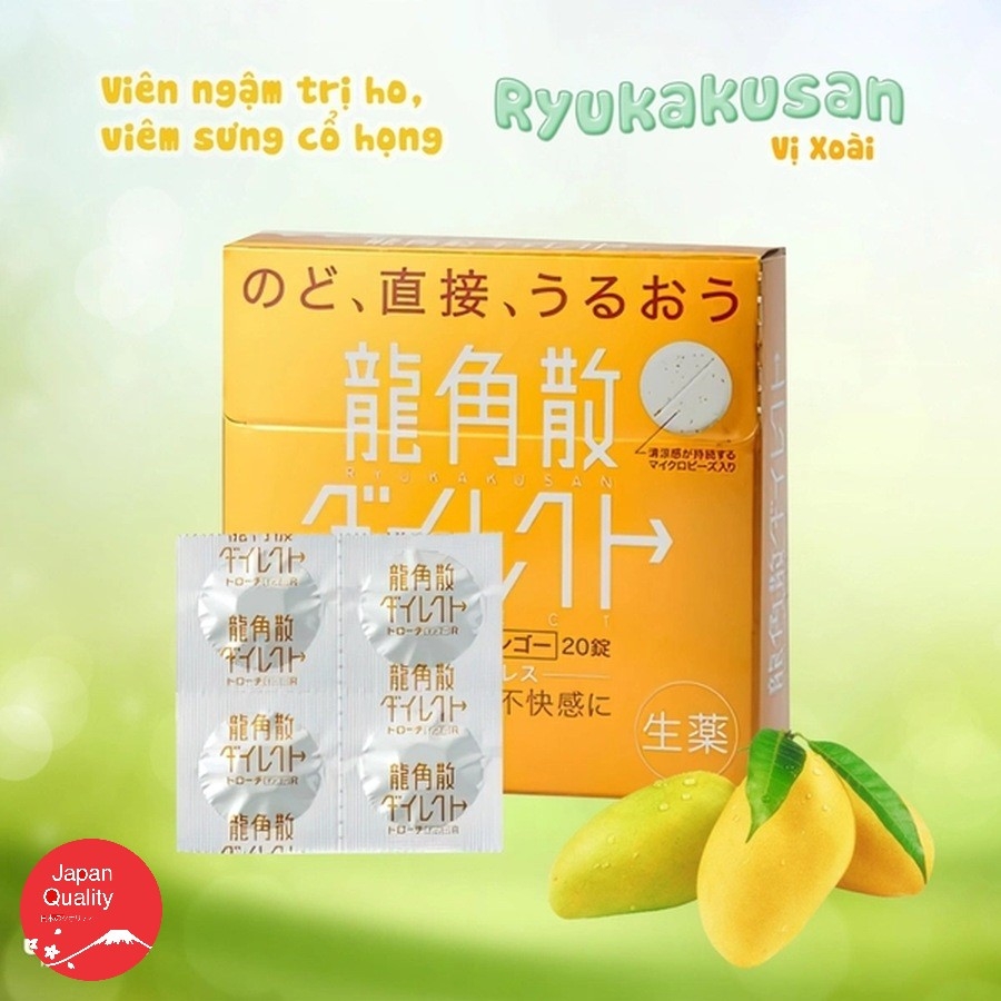 Viên ngậm tan đờm giảm đau họng viêm họng Ryukakusan Direct Lozenges Mango 20 viên