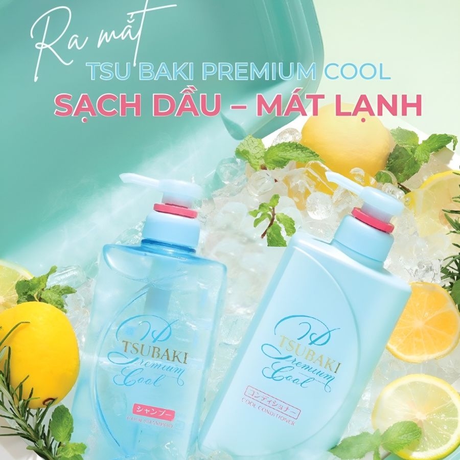 SALE - Cặp gội - xả Tsubaki Premium Cool bạc hà mát lạnh 490ml (màu xanh) - Date T12/2025