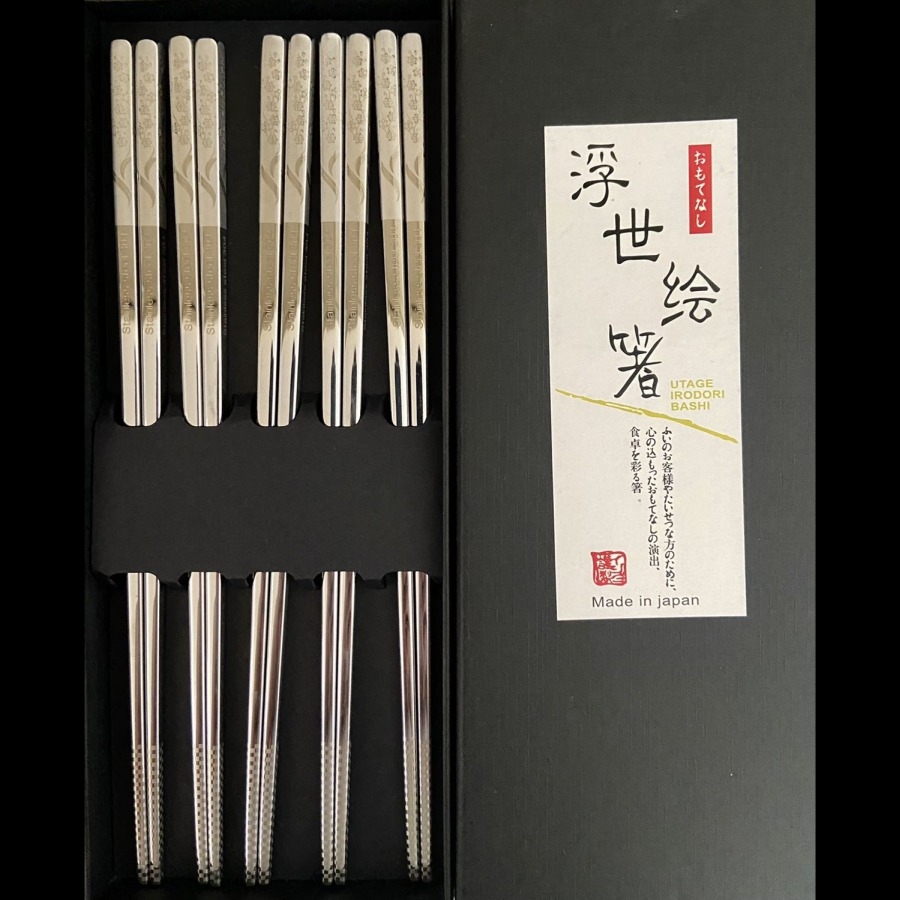 Set 5 đôi đũa inox 304 đặc ruột có hoa văn - hàng nội địa Nhật Bản