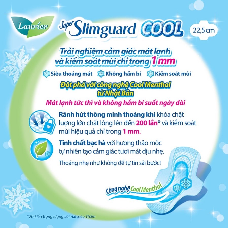 Băng vệ sinh Laurier Super Slimguard 22,5cm Cool siêu mỏng cánh