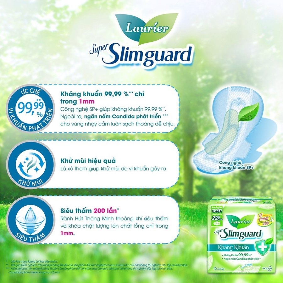 Băng vệ sinh Laurier Super Slimguard Kháng khuẩn 22,5cm siêu mỏng cánh