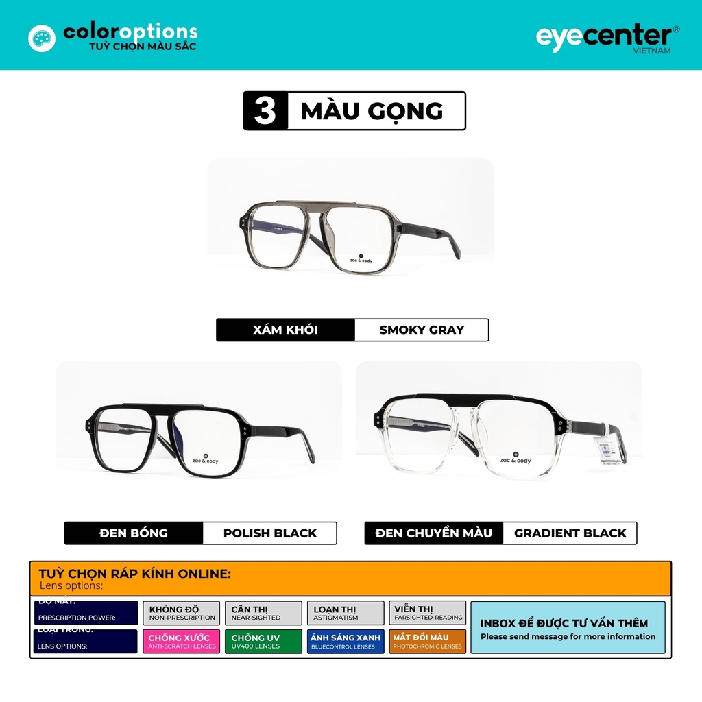 [A36] Gọng kính cận nam mắt vuông lớn chính hãng SOL by ZAC & CODY lõi thép chống gãy ZC BL3031 A36 by Eye Center Vietnam