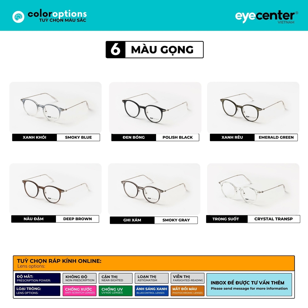 [C50] Gọng kính cận nam nữ chính hãng EYECENTER nhựa phối kim loại 83098 - 2276 by Eye Center Vietnam