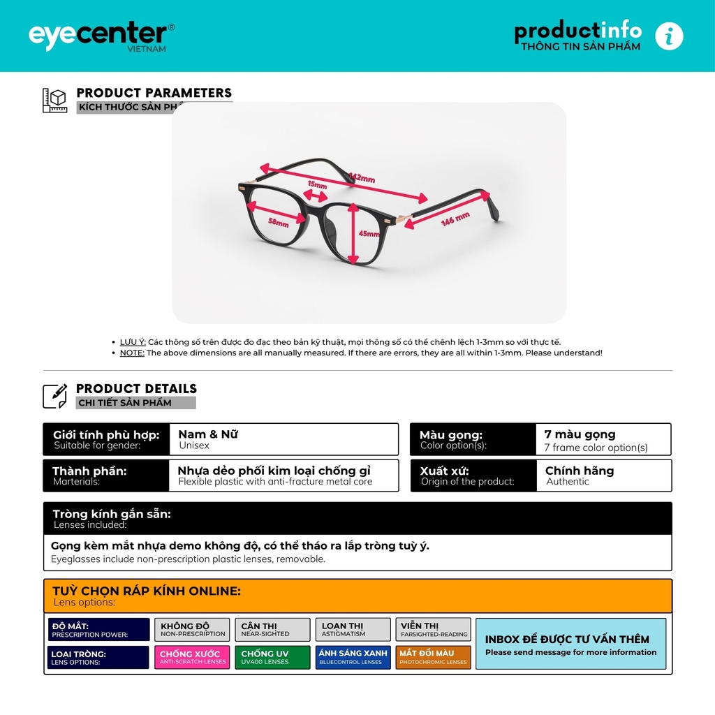 [B169] Gọng kính cận nam nữ chất liệu nhựa siêu nhẹ nhiều màu by Eye Center Vietnam