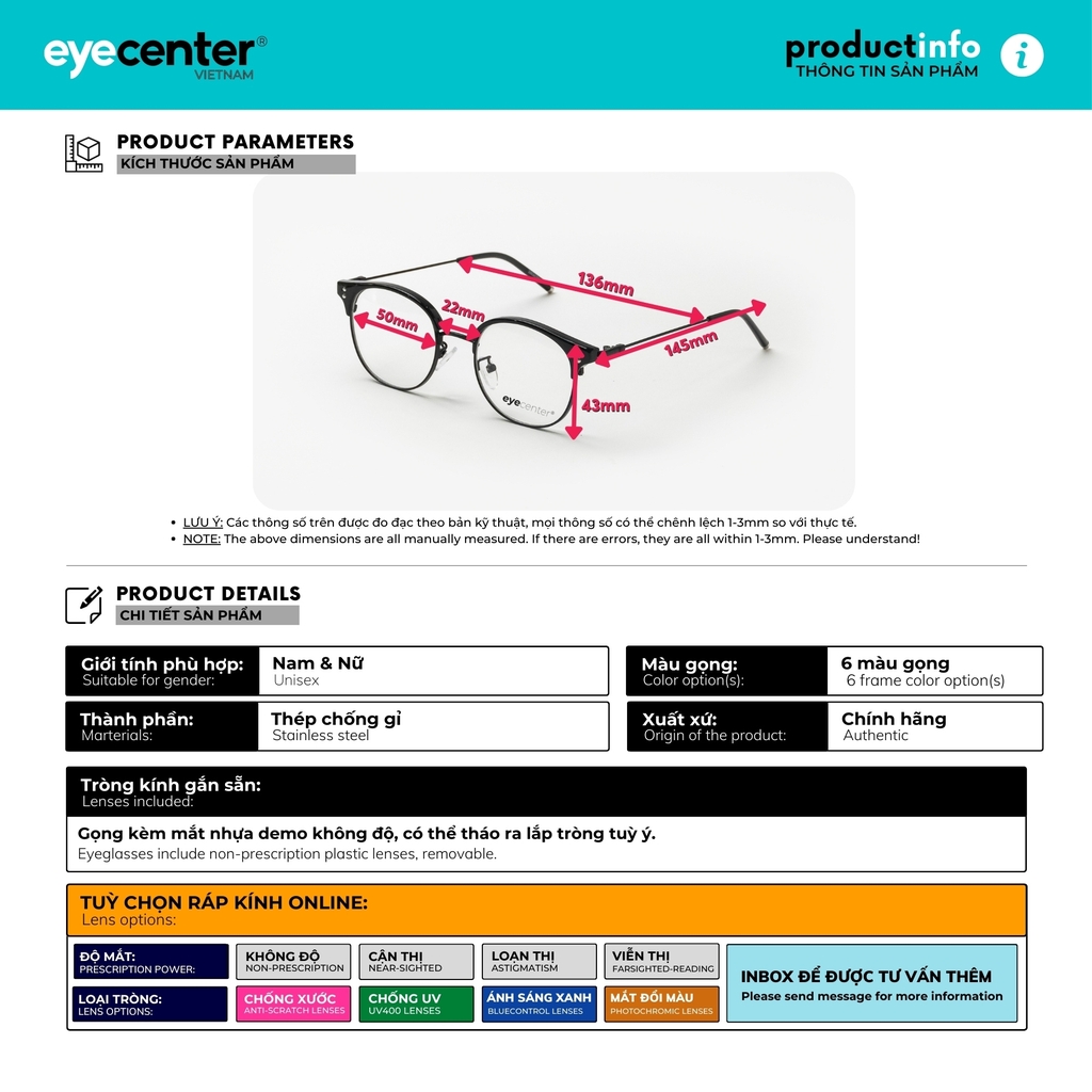 [C97] Gọng kính cận kim loại nam nữ EYECENTER nhựa phối kim loại chống gỉ by Eye Center Vietnam
