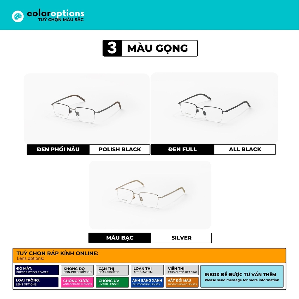 [PRTI 38] Gọng kính cận nam nữ TITANIUM siêu nhẹ chống gỉ by Eye Center Vietnam