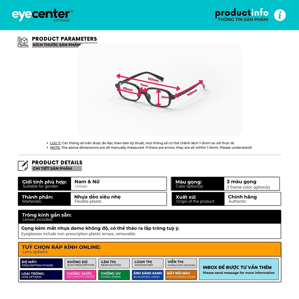 [VB235] Gọng kính cận nhựa nam nữ chất liệu nhựa siêu nhẹ nhiều màu by Eye Center Vietnam