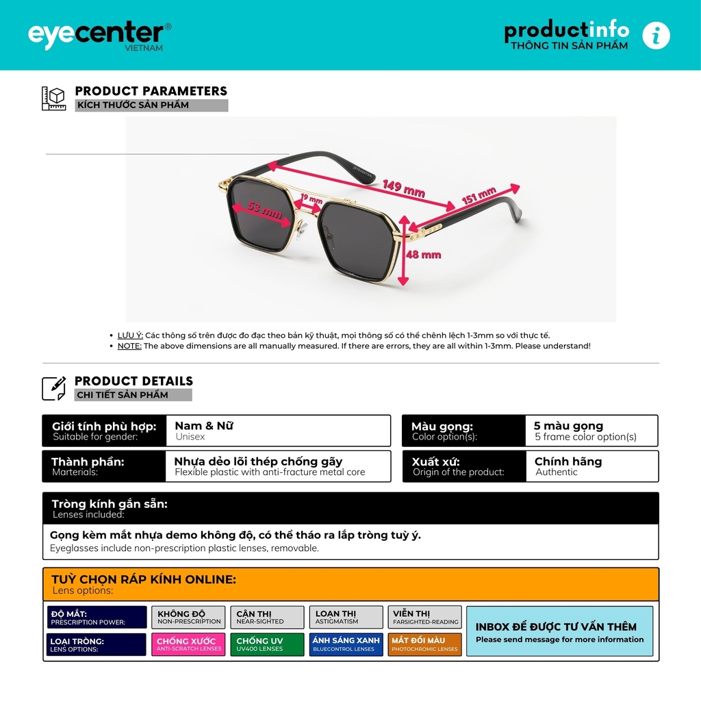 [S55] [2155 - 0039 ]Kính mát Crystal UV chính hãng EYECENTER nhiều màu 0039