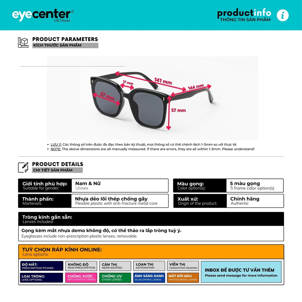 [S56] [88839 - 6113] Kính mát Crystal UV chính hãng EYECENTER nhiều màu 88839