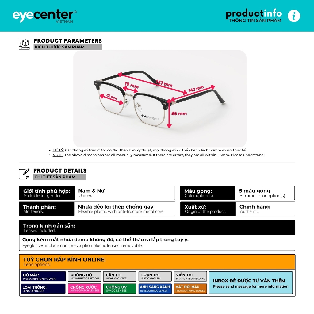 [B103] [21082 - 9085 - 4112 - 2204] Gọng kính cận nam nữ chính hãng EYECENTER nhiều màu 21082