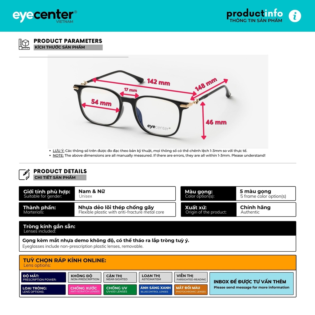 [B86] Gọng kính cận nam nữ chính hãng EYECENTER nhiều màu 83020