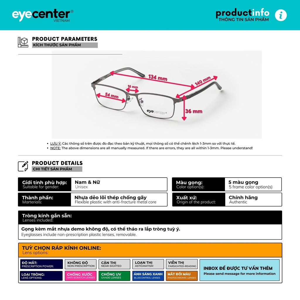 [B55] Gọng kính cận nữ chính hãng EYECENTER kim loại chống gỉ nhiều màu EB SH 3349 by Eye Center Vietnam