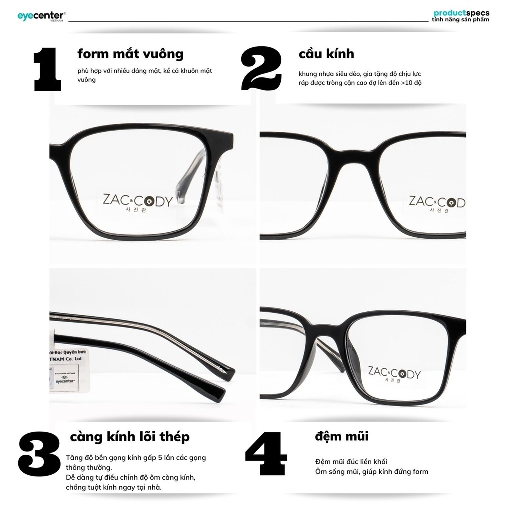 [B29] [17134-7110] Gọng kính cận nam nữ  chính hãng ZAC & CODY lõi thép chống gãy  original.29  ZC TR17134 by Eye Center Vietnam