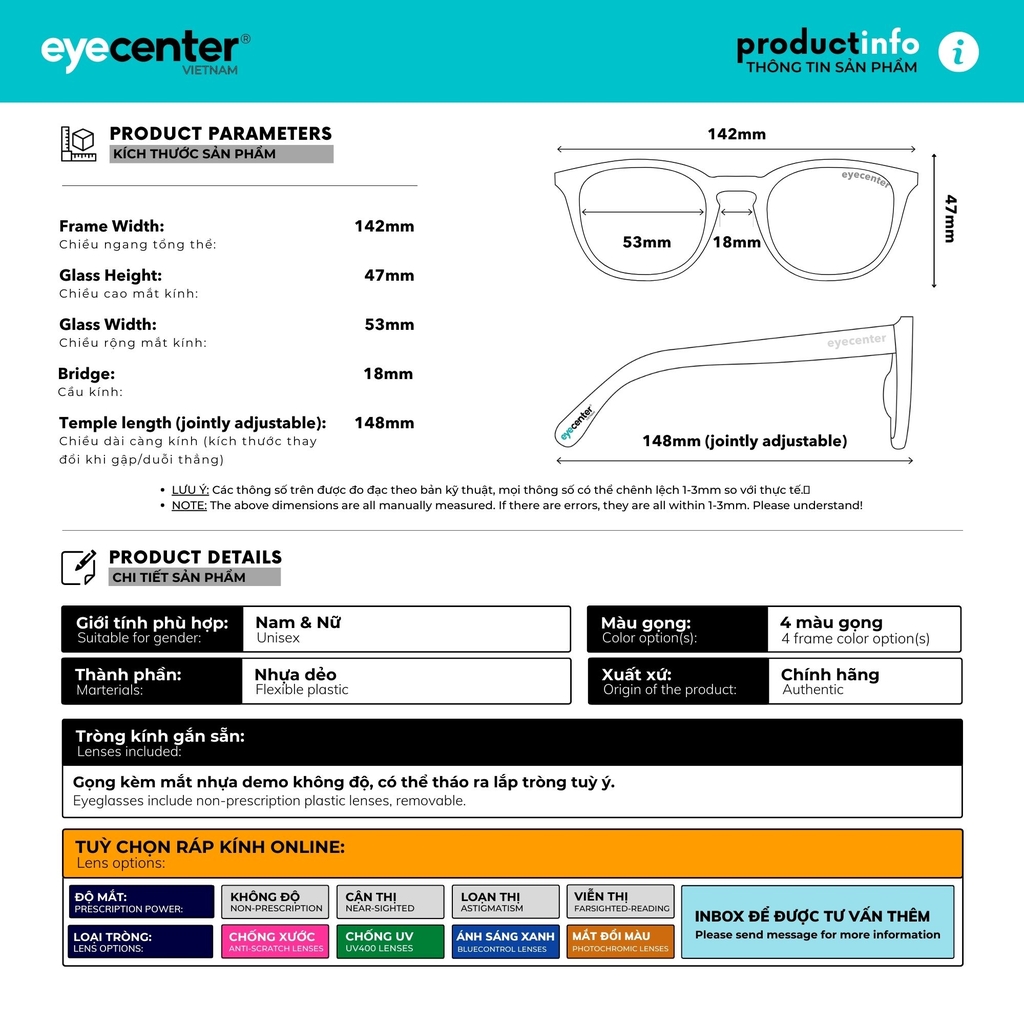 [K29]Gọng kính cận nam nữ chính hãng EYECENTER nhựa dẻo chống gãy  EK 6198 by Eye Center Vietnam