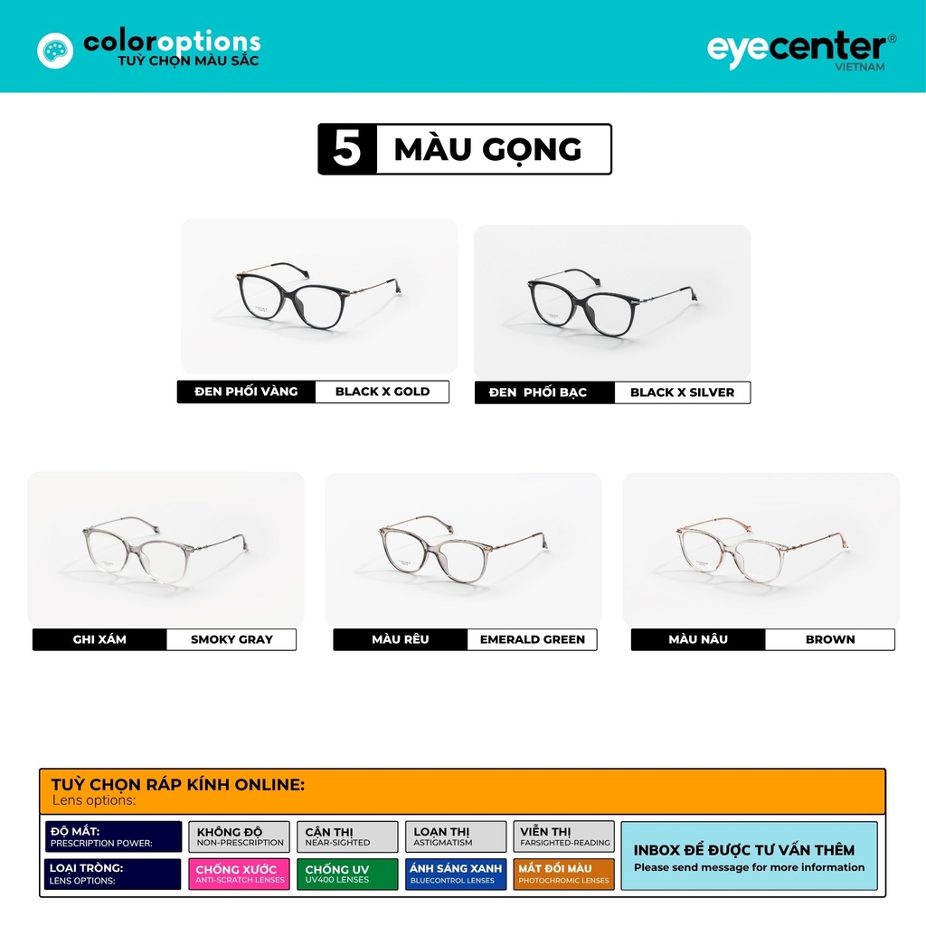 [VA423] Gọng kính cận mắt mèo nữ chất liệu nhựa phối kim loại chống gỉ by Eye Center Vietnam