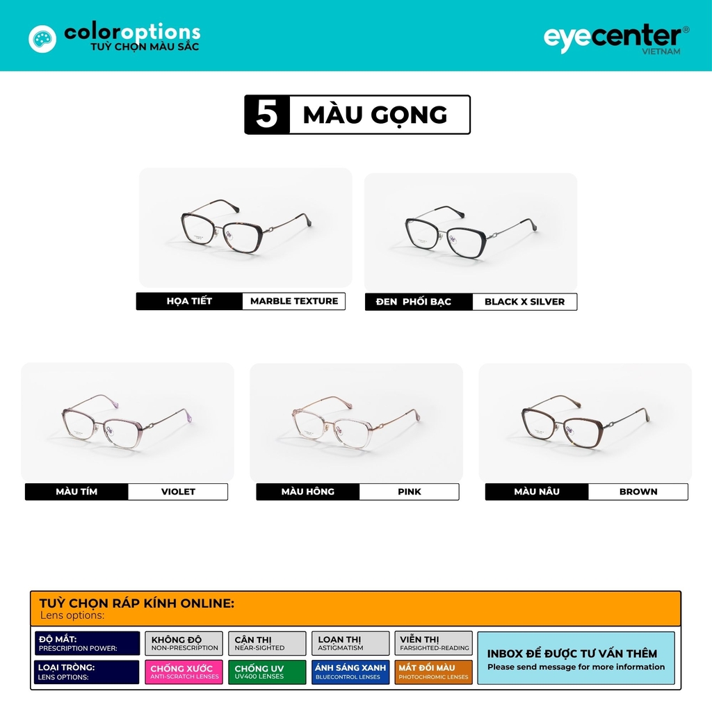[VA413] Gọng kính cận mắt mèo nữ chất liệu nhựa phối kim loại chống gỉ by Eye Center Vietnam