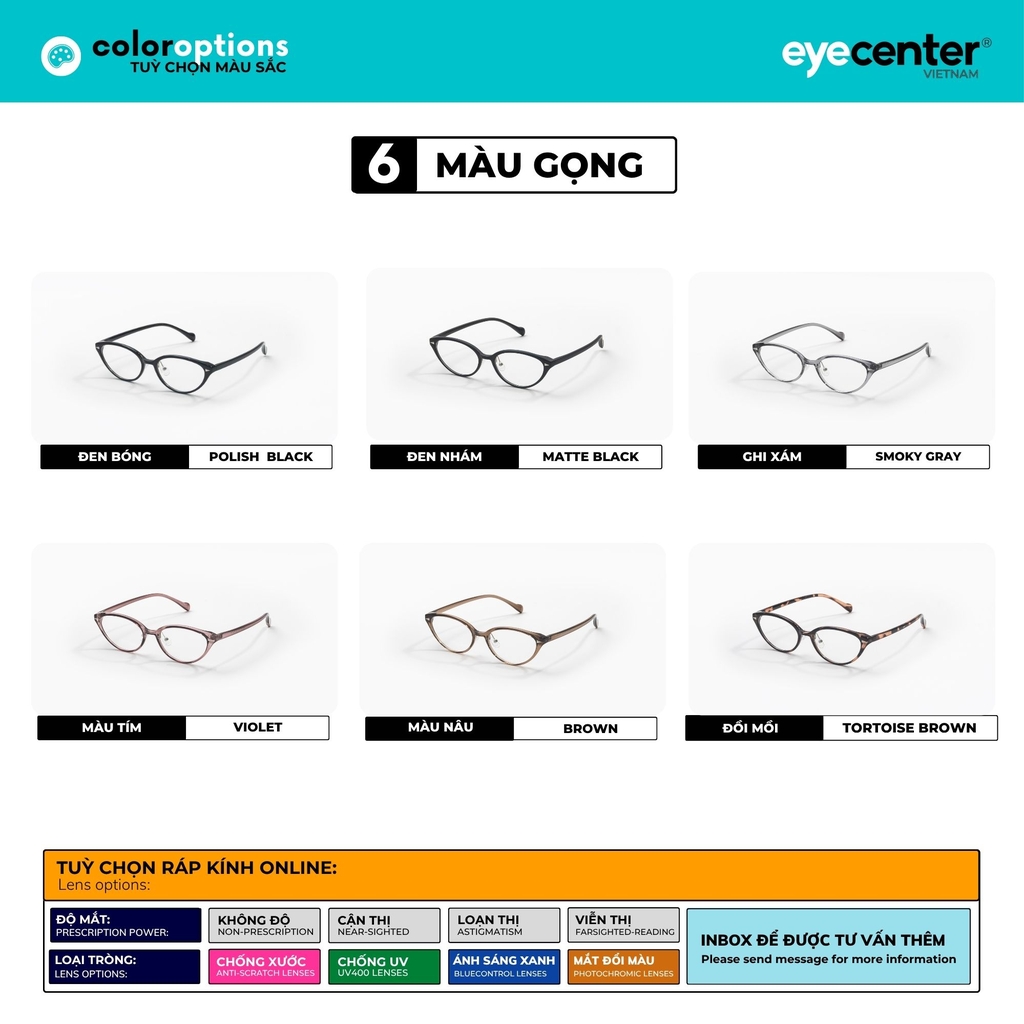 [B468] Gọng kính cận mắt mèo nữ chất liệu nhựa siêu nhẹ nhiều màu by Eye Center Vietnam