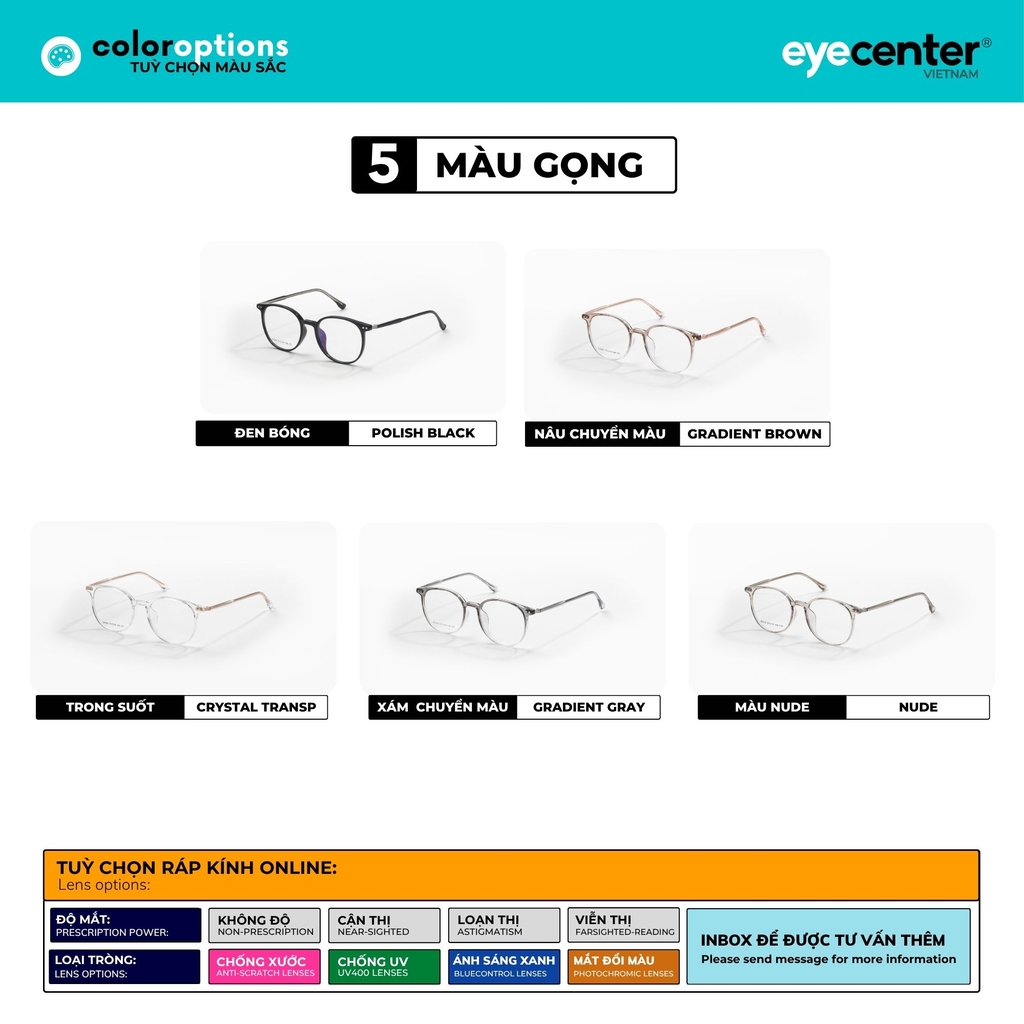 [ZA485] Gọng kính cận nam nữ chất liệu nhựa lõi thép chống gãy by Eye Center Vietnam