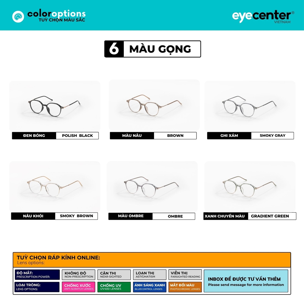 [VA475] Gọng kính cận nam nữ chất liệu nhựa phối kim loại chống gỉ by Eye Center Vietnam