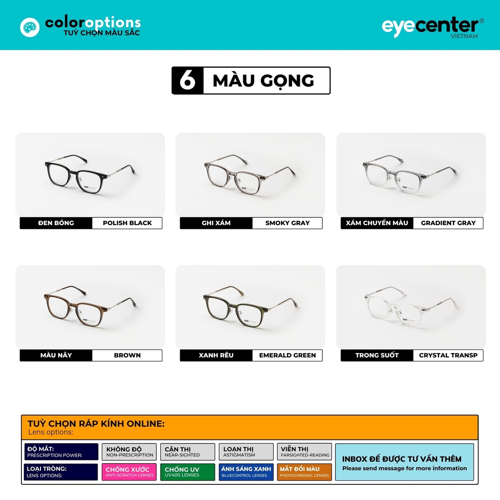 [B96] Gọng kính cận nam nữ chính hãng EYECENTER nhựa phối kim loại nhiều màu EB 85016