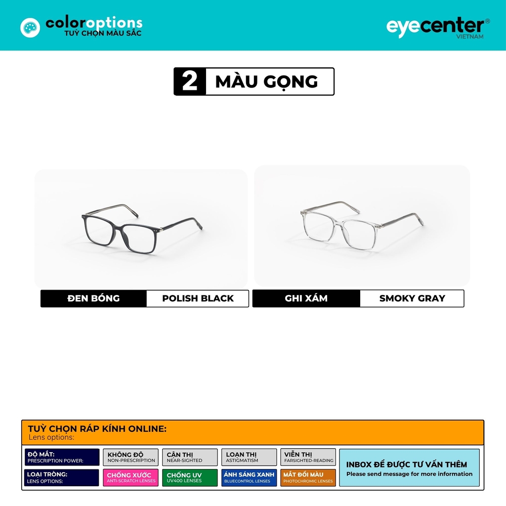 [VB233] Gọng kính cận nhựa nam nữ chất liệ nhựa lõi thép chống gãy by Eye Center Vietnam