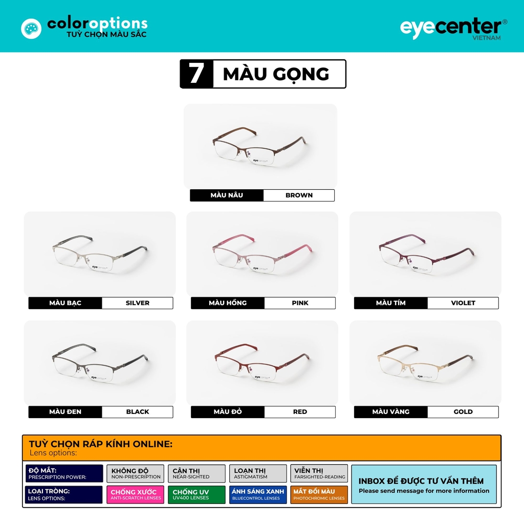 [B57] Gọng kính cận nữ chính hãng EYECENTER kim loại chống gỉ nhiều màu EB 3322 by Eye Center Vietnam