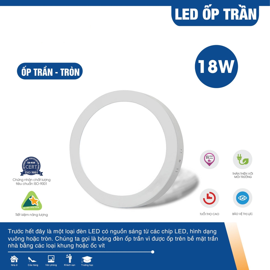 Đèn led ốp trần đèn ốp trần nổi vuông tròn 12w 18w 24w ánh sáng trắng
