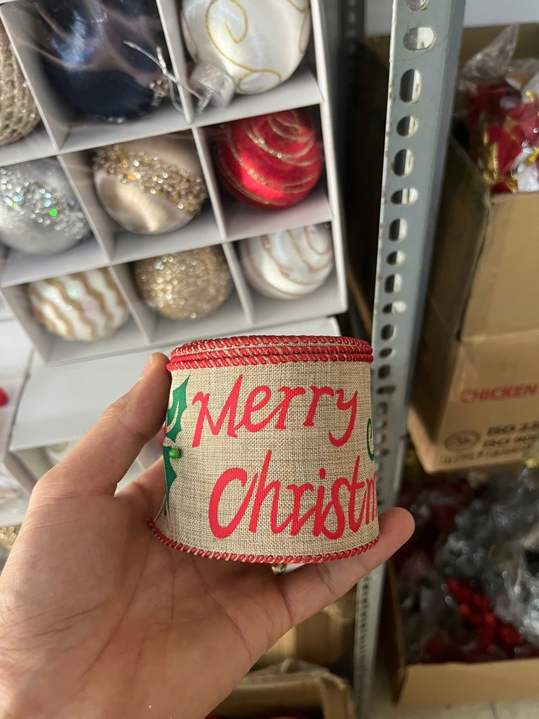 Ruy băng vải Noel hình Merry Christmas cuộn 6m bản 5cm