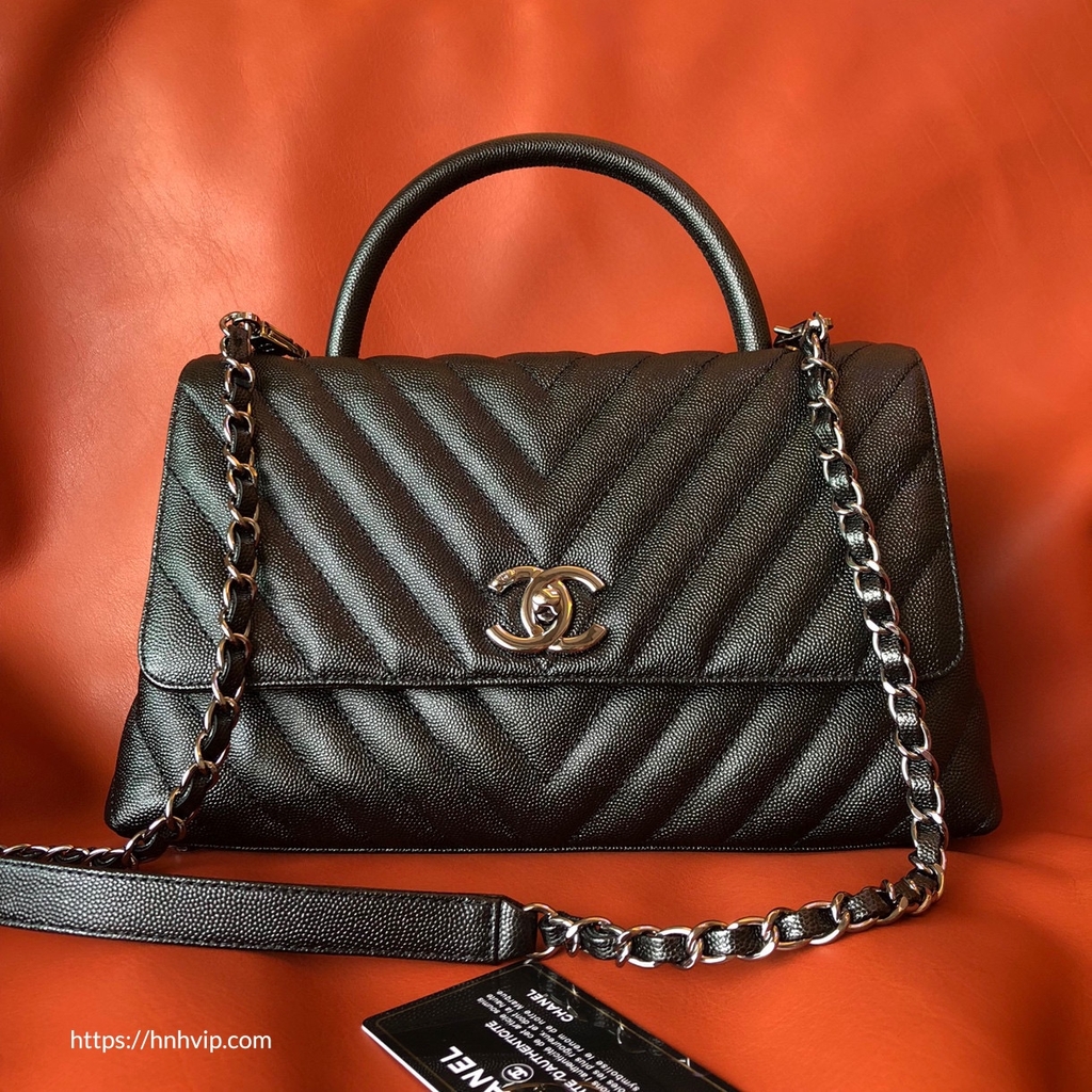 Chanel Mini Coco Handle in Black Caviar with Green Lizard Top Handle  SOLD