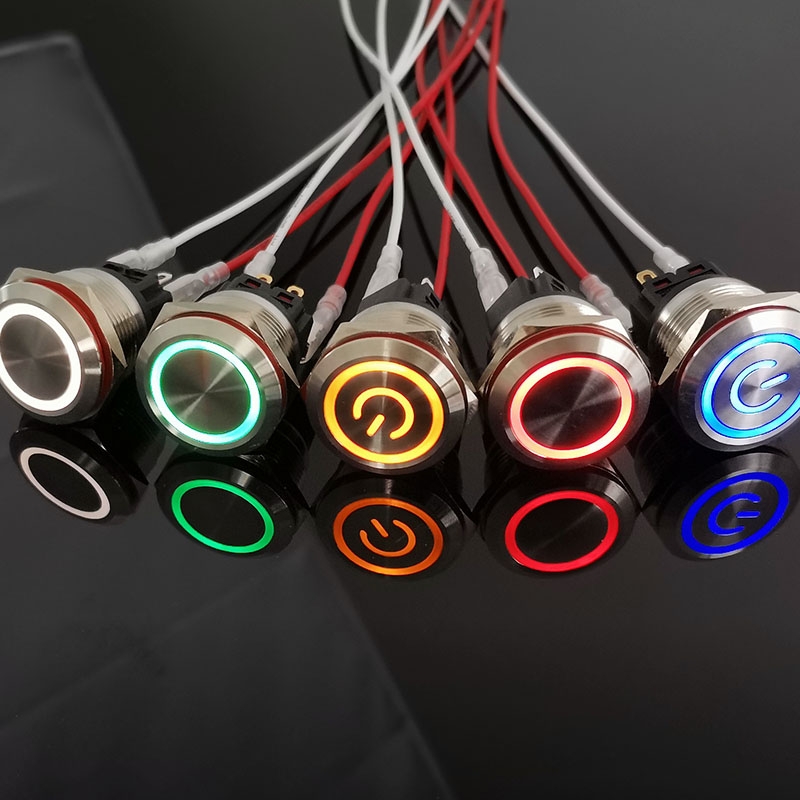 Công tắc LED tròn 16mm kim loại siêu ngắn đầu cao 12V 24V Có giắc,Nhấn nhả